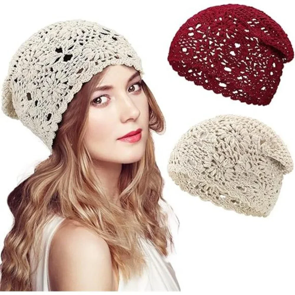 2 Pieces Floral Crochet Slouchy Beanie Hat Handmade Knit Cutout Women Floral - Picture 8 of 8